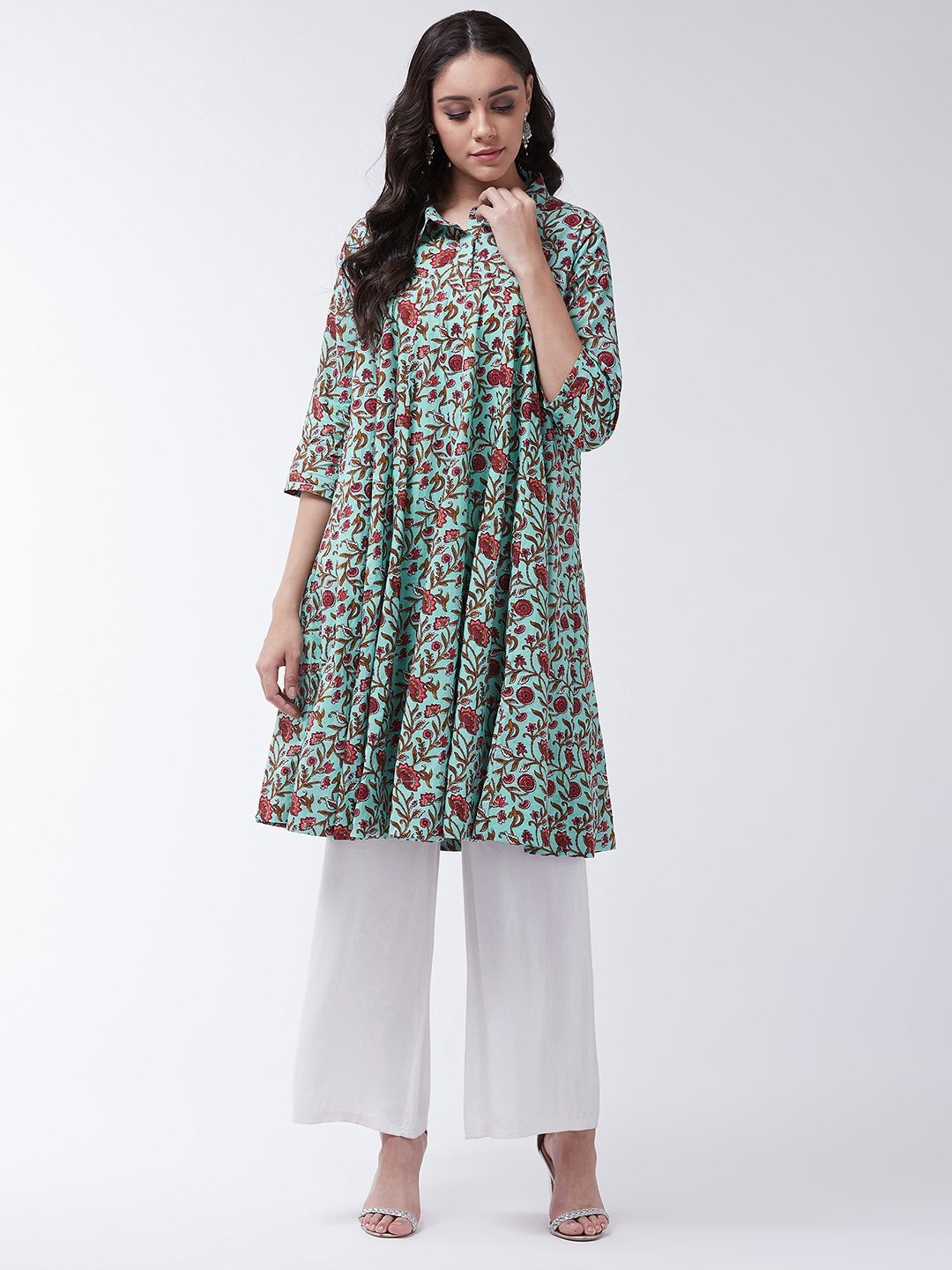 Blue Kalamkari Jaal Print Flared Kurta