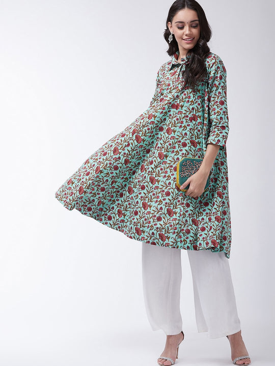 Blue Kalamkari Jaal Print Flared Kurta
