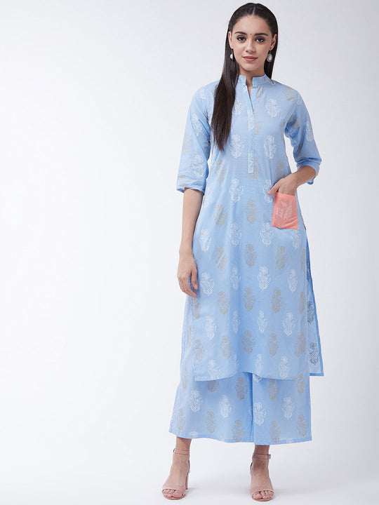 Madhubani print kurta Blue With Patch Pocket