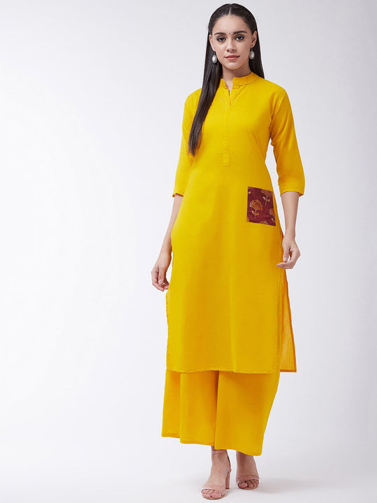 Mustard Kurta With Printed Patch Pocket