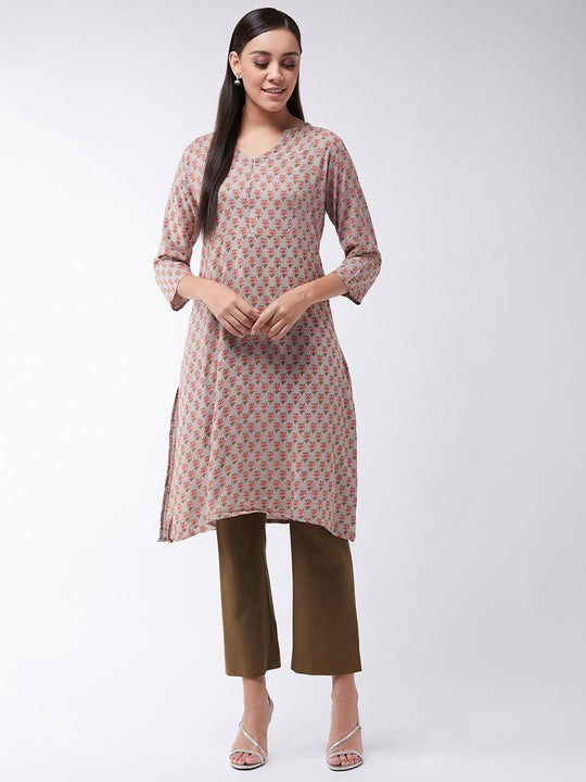 Grey Kurta With Pink Floral Print