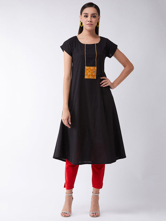 Black Cotton Kurta With Mustard Patch