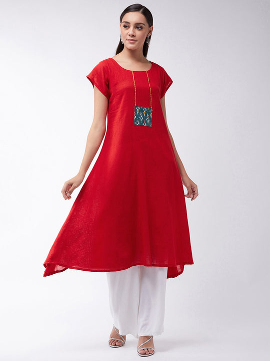 Red Kurta With Green Patchwork