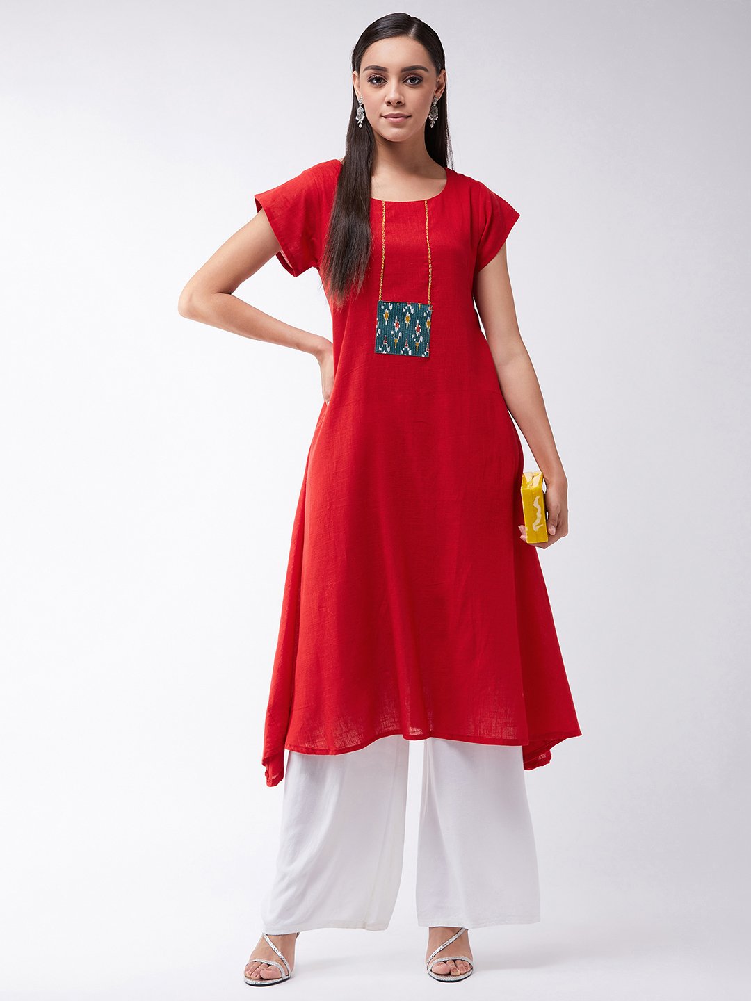 Red Kurta With Green Patchwork