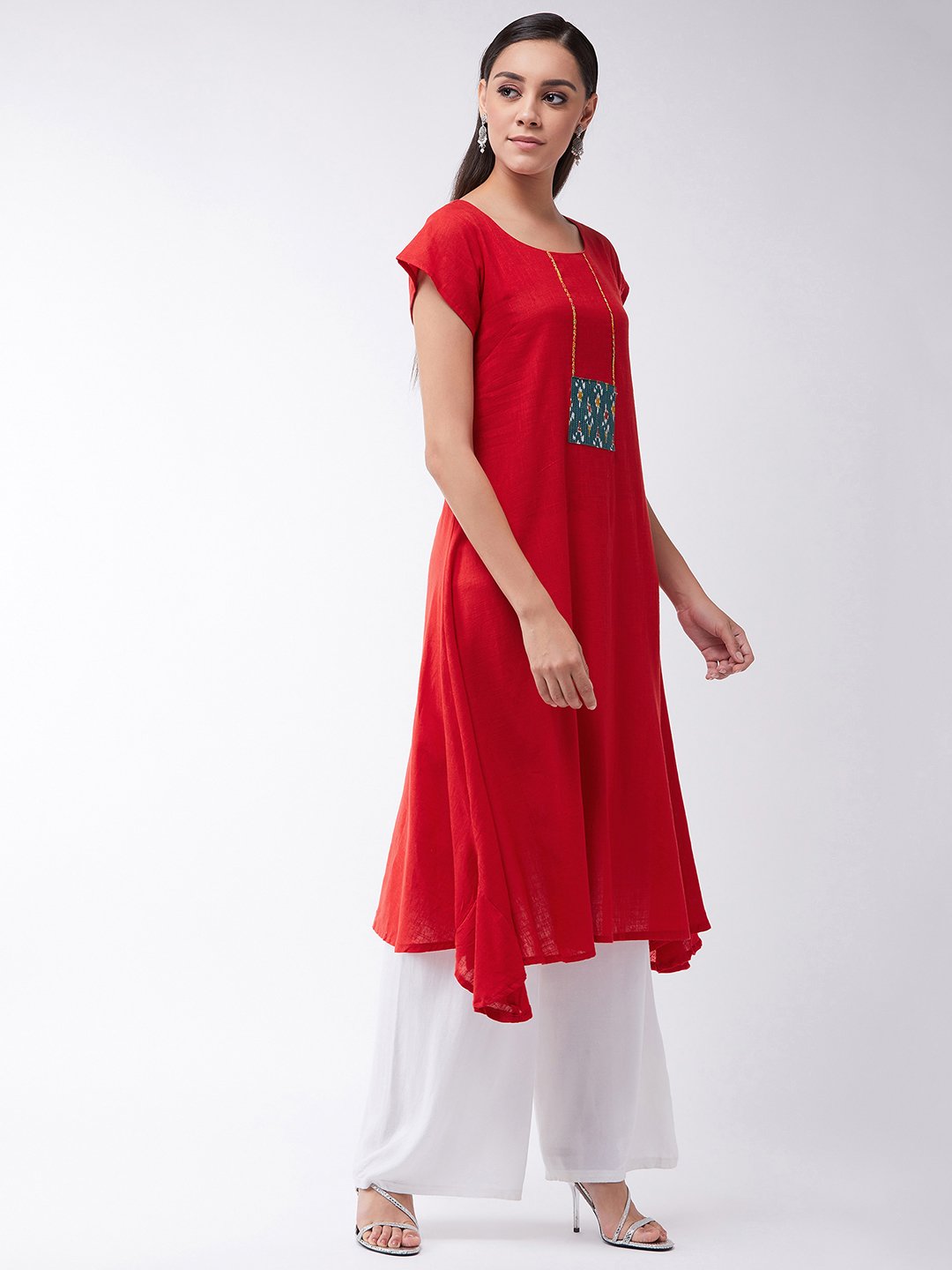 Red Kurta With Green Patchwork