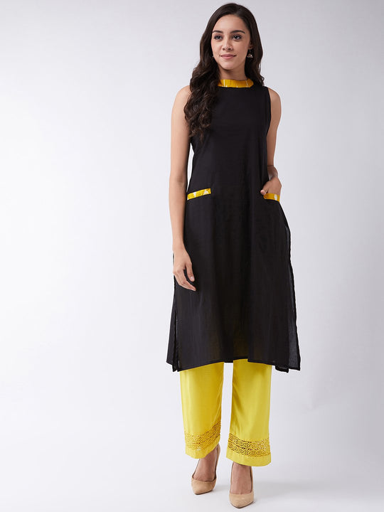 Black Halter Kurta With Yellow Patti