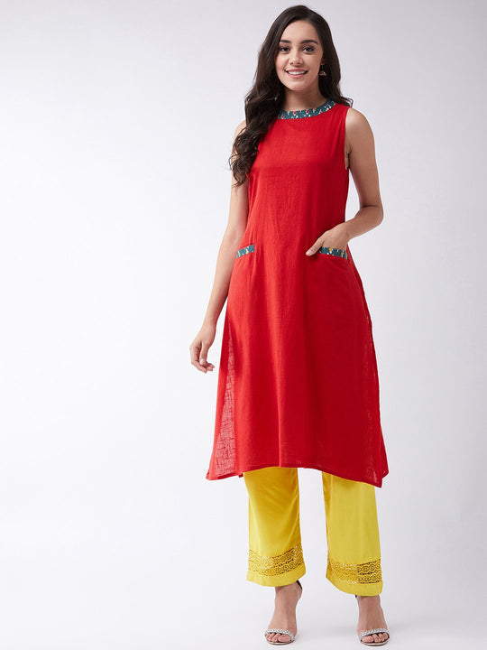 Red Halter Kurta With Green Patti