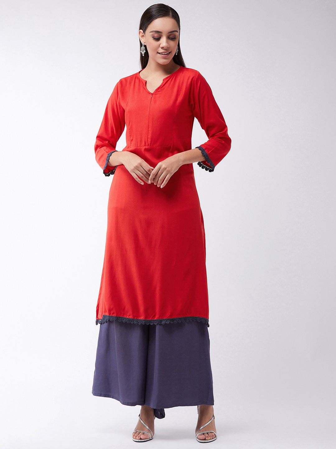 Red Kurta With Grey Lace