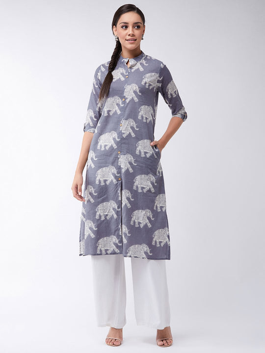 Grey Elephant Print Kurta