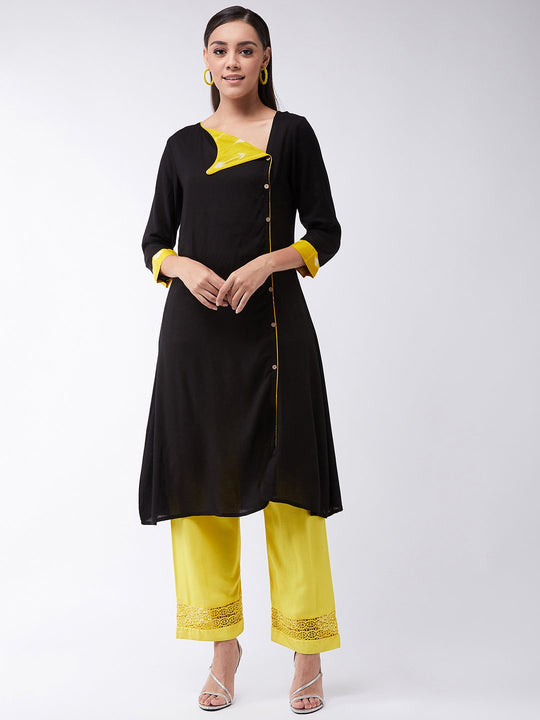 Black Kurta With Elegant Yellow Collar