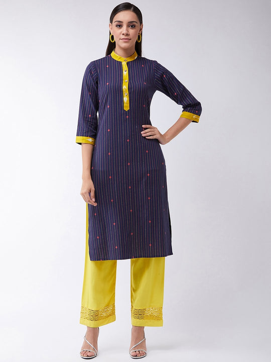 Blue Kurta With Yellow Patti