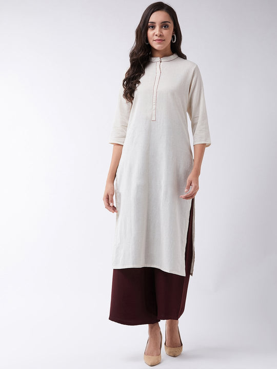 Off White Kurta With Maroon Kantha Work