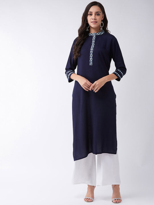 Navy Blue Kurta With Kantha Patti