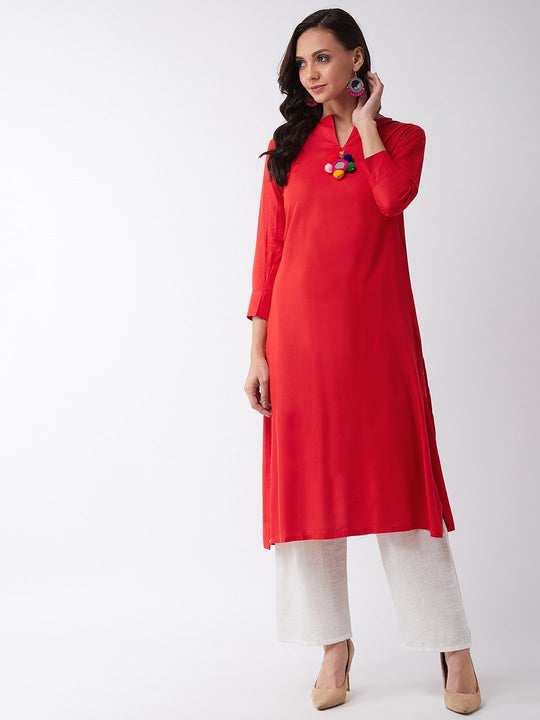 Red Kurta With Mirror Tassel