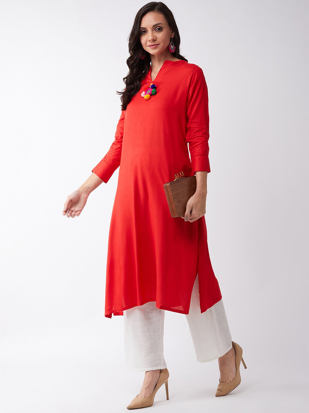Red Kurta With Mirror Tassel