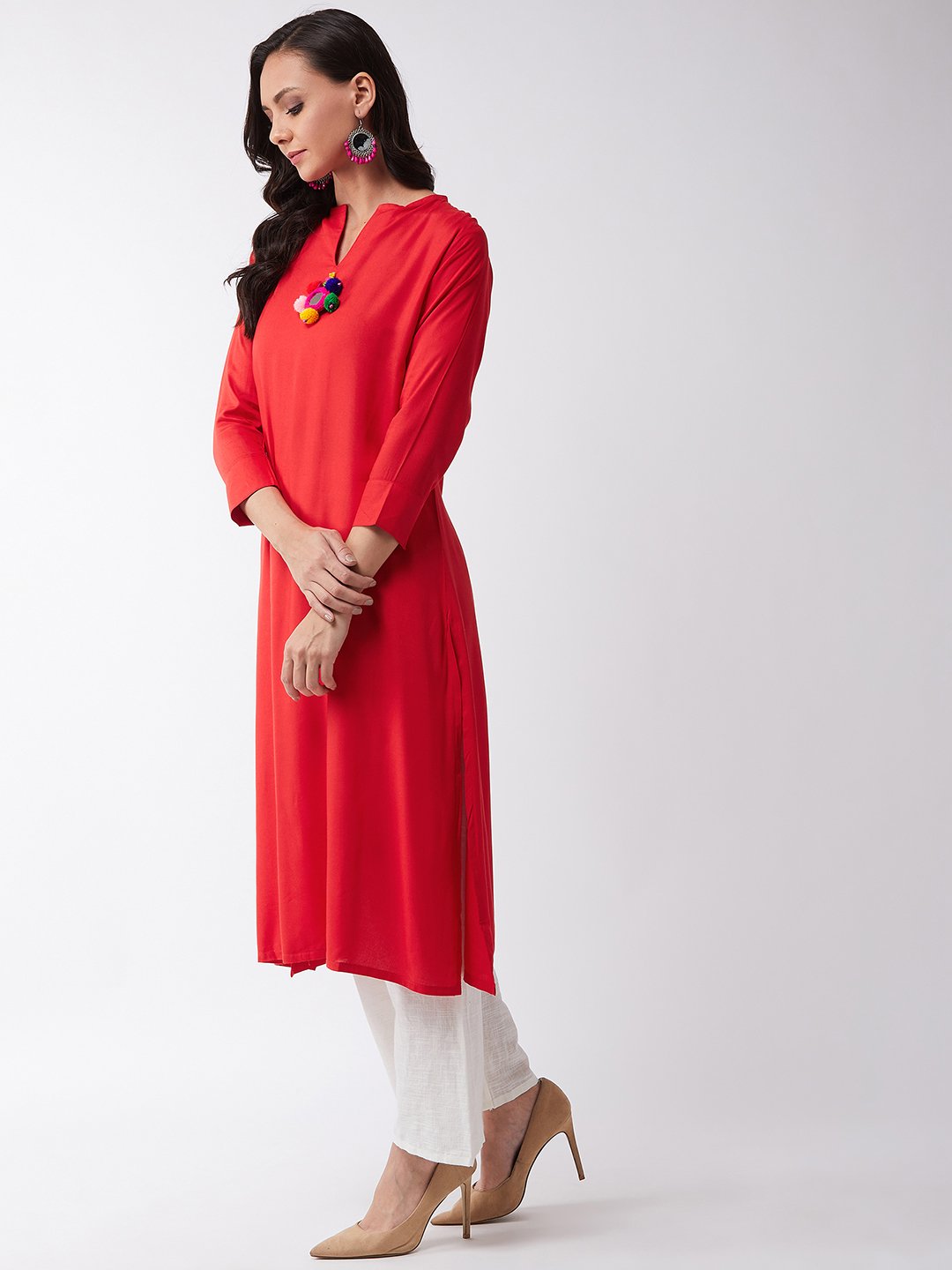 Red Kurta With Mirror Tassel
