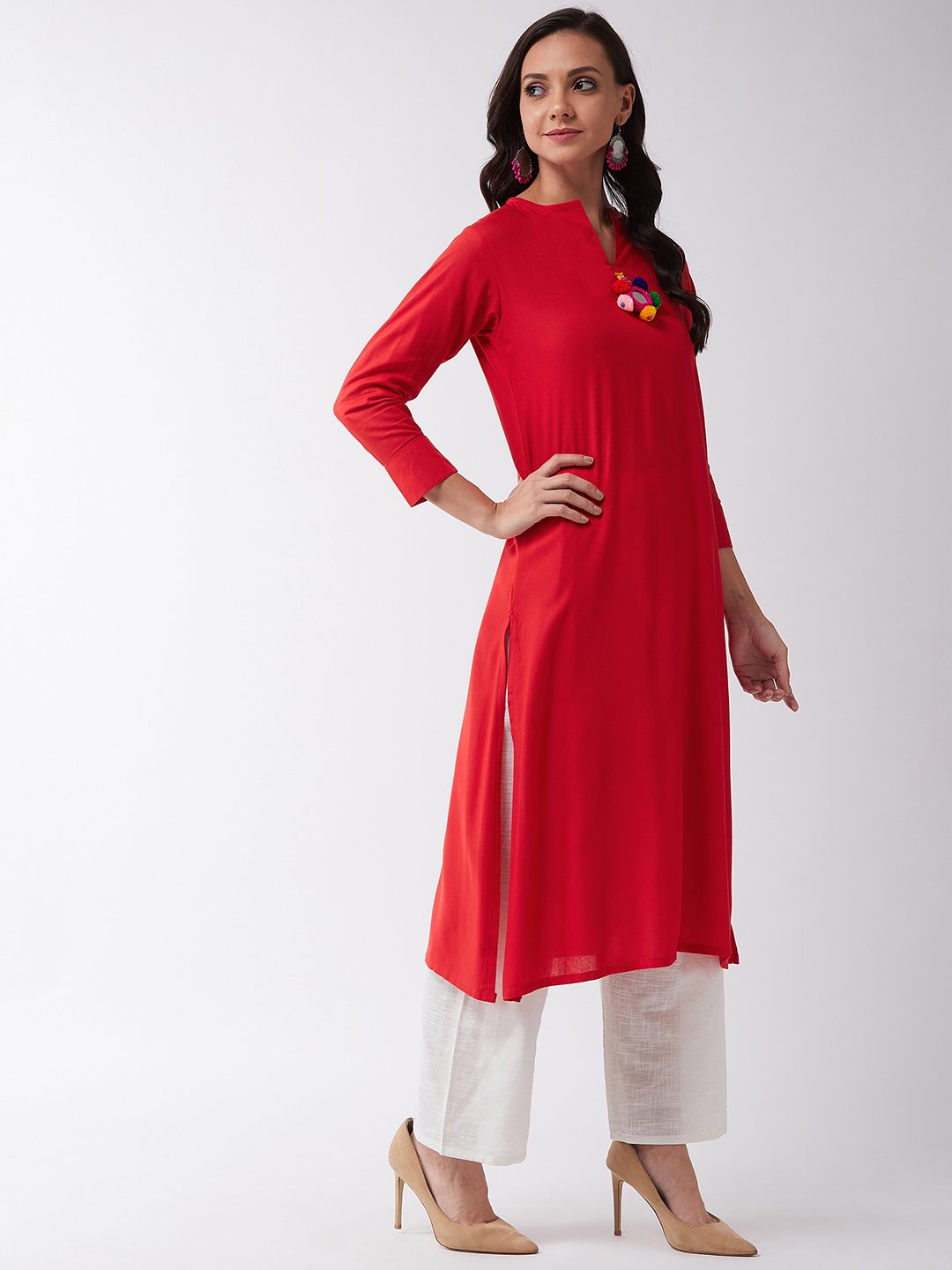 Red Kurta With Mirror Tassel