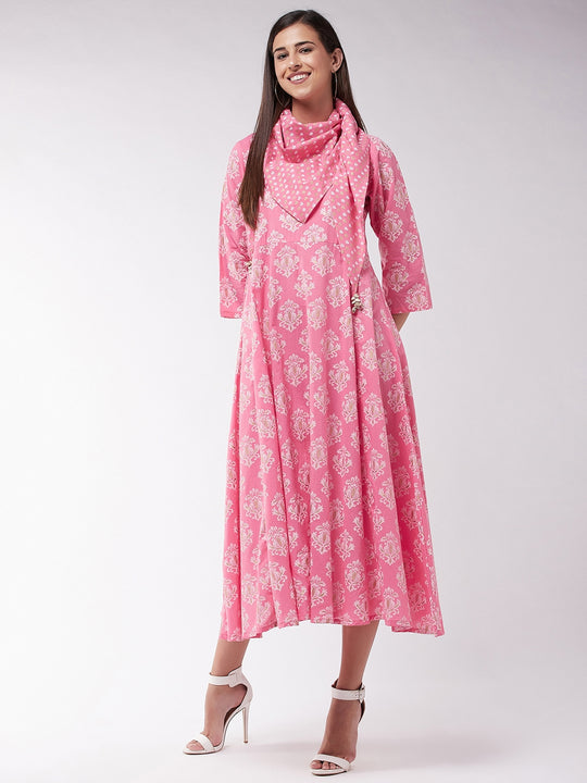 Pink Gold Print A Line Dress With Stole