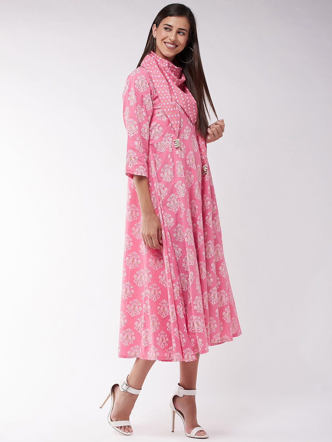 Pink Gold Print A Line Dress With Stole