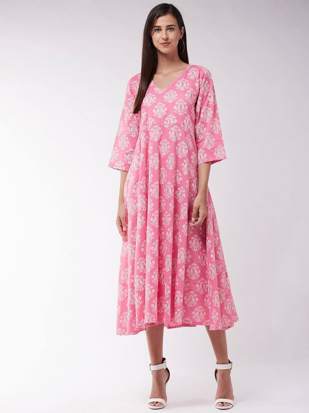 Pink Gold Print A Line Dress With Stole