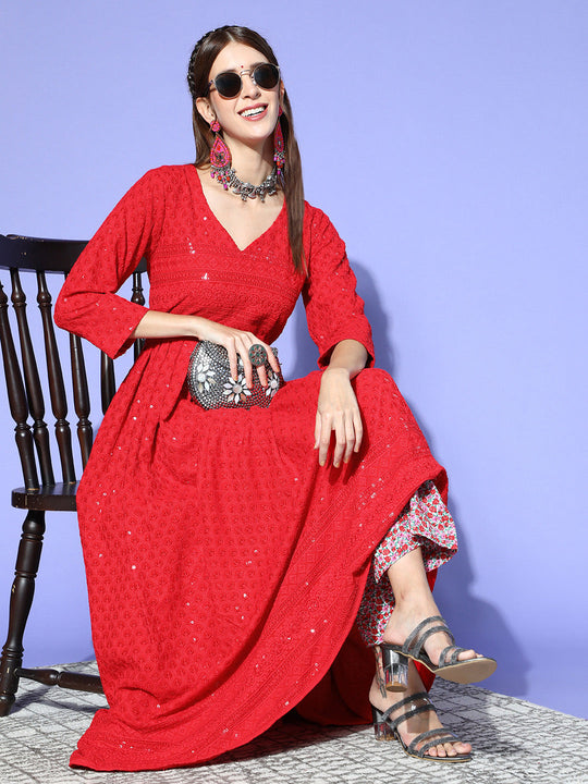 Red Chikankari Long Anarkali Kurta