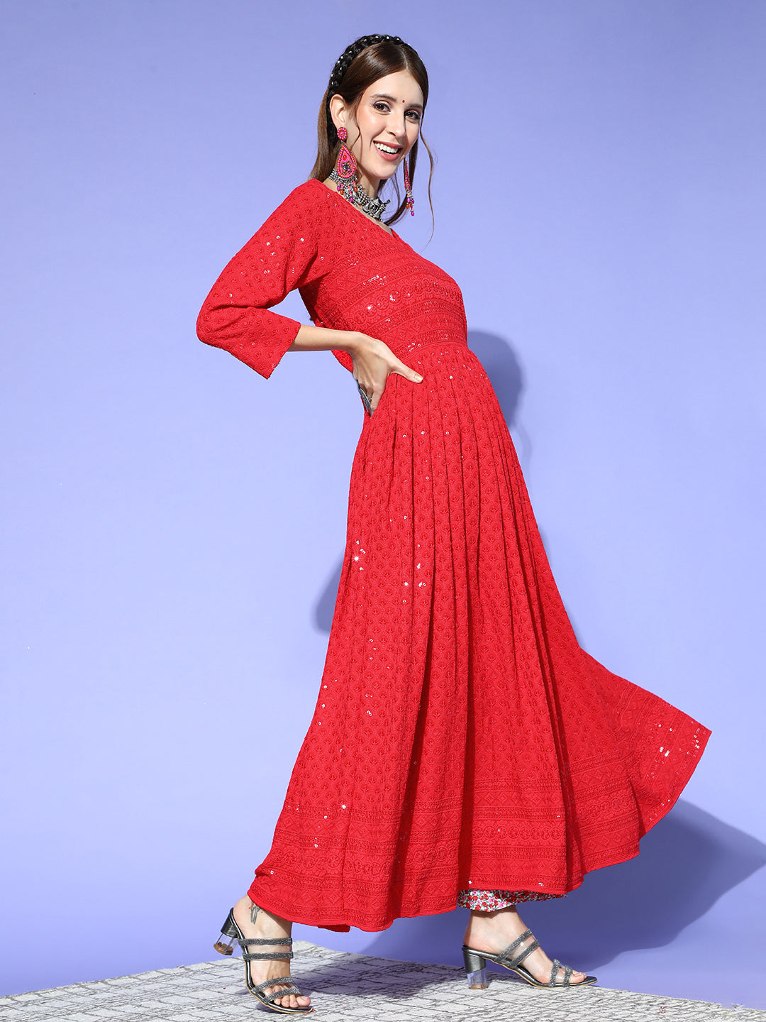 Red Chikankari Long Anarkali Kurta