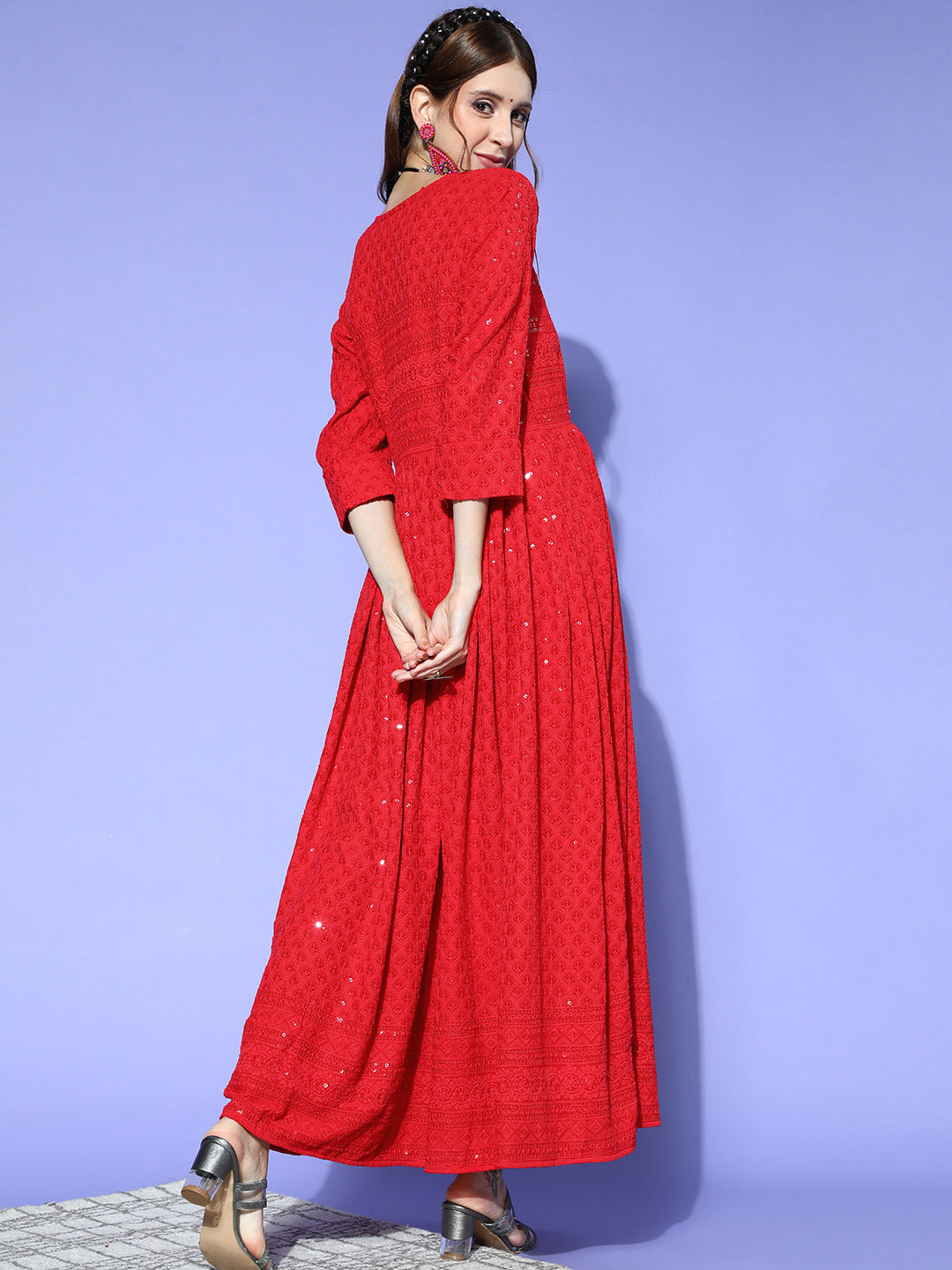 Red Chikankari Long Anarkali Kurta