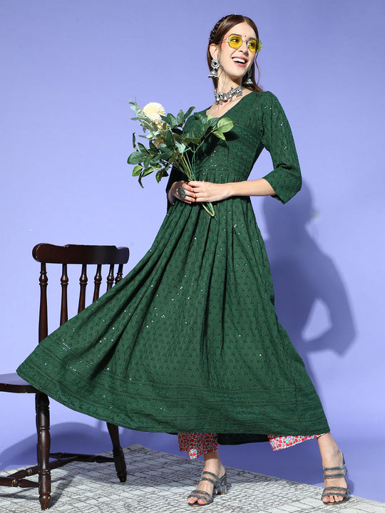 Bottle Green Chikankari Anarkali Kurta