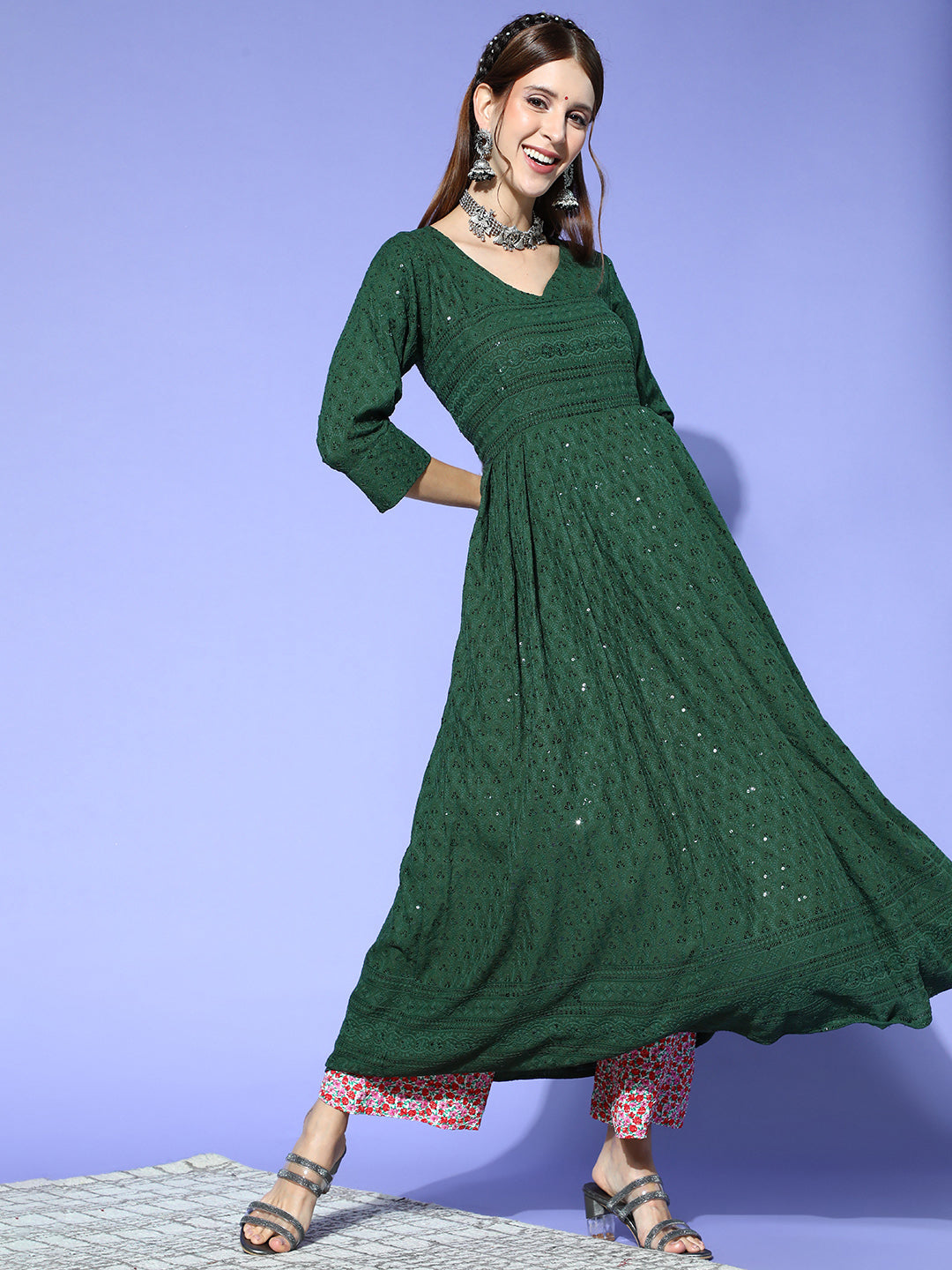 Bottle Green Chikankari Anarkali Kurta - InWeave Bottle Green Chikankari Anarkali Kurta - InWeave