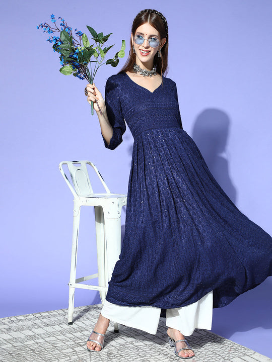 Blue Chikankari Long Anarkali Kurta