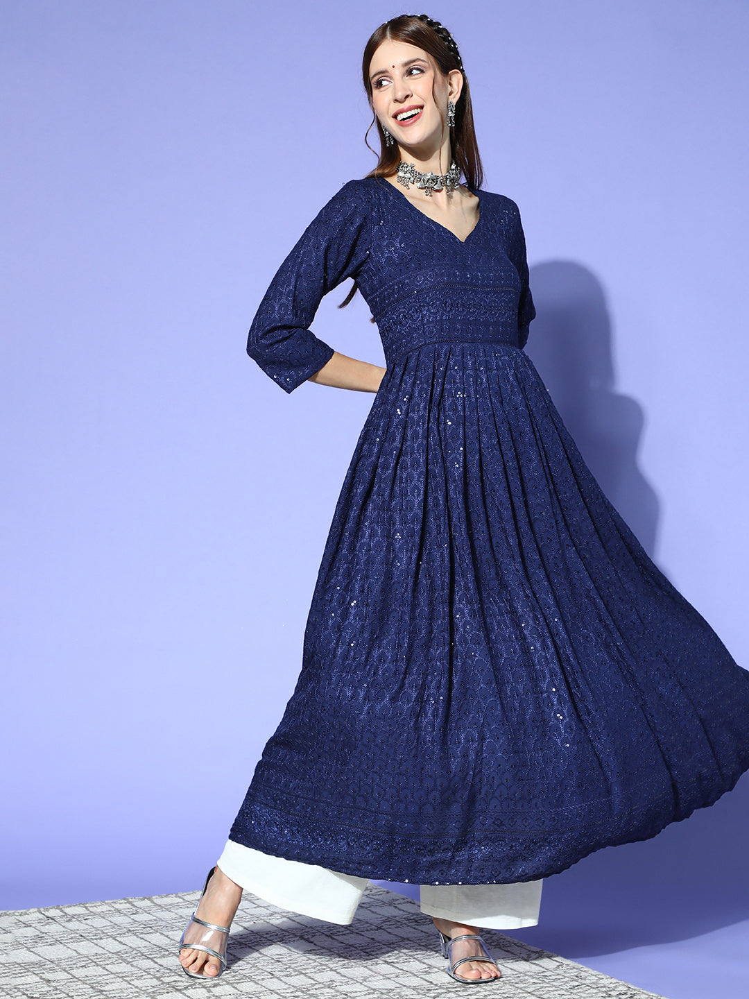 Blue Chikankari Long Anarkali Kurta - InWeave Blue Chikankari Long Anarkali Kurta - InWeave