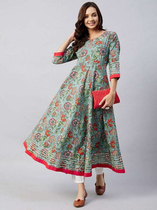 Teal Floral Anarkali Kurta With Gota