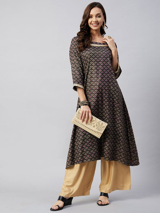 Black Foil Print Aline Kurta With Gota