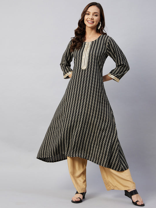 Black Zig Zag Aline Kurta With Gota