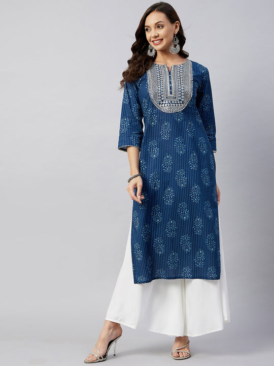 Indigo Print Silver Work Straight Kurta
