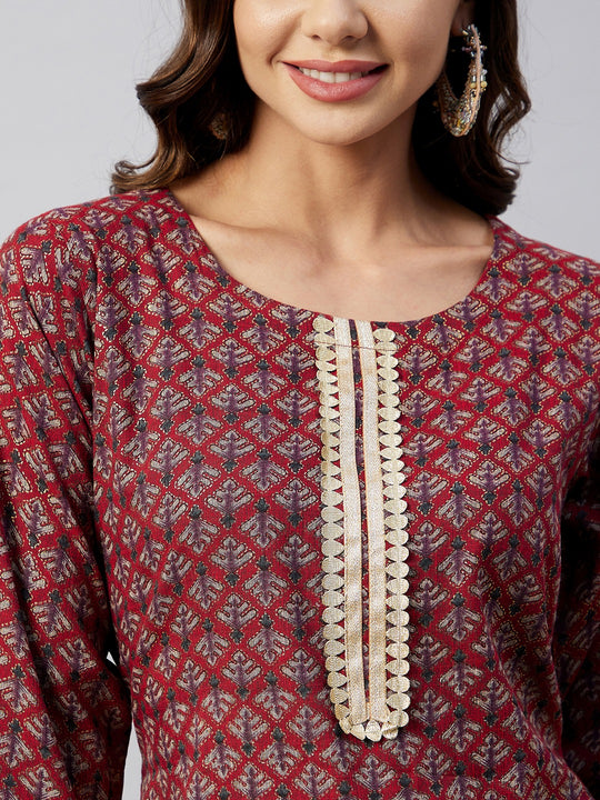 Maroon Foil Aline Kurta With Gota