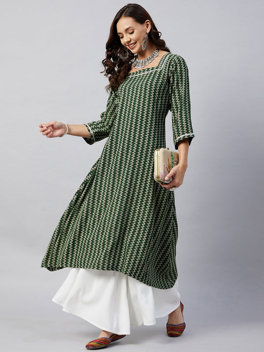 Green Zig Zag Aline Kurta With Gota