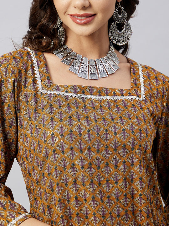 Mustard Foil Print Aline Kurta With Gota