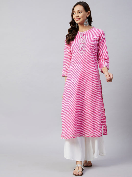 Pink Lehriya Work Straight Kurta
