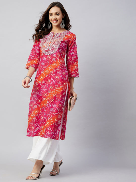 Pink Orange Shaded Work Straight Kurta