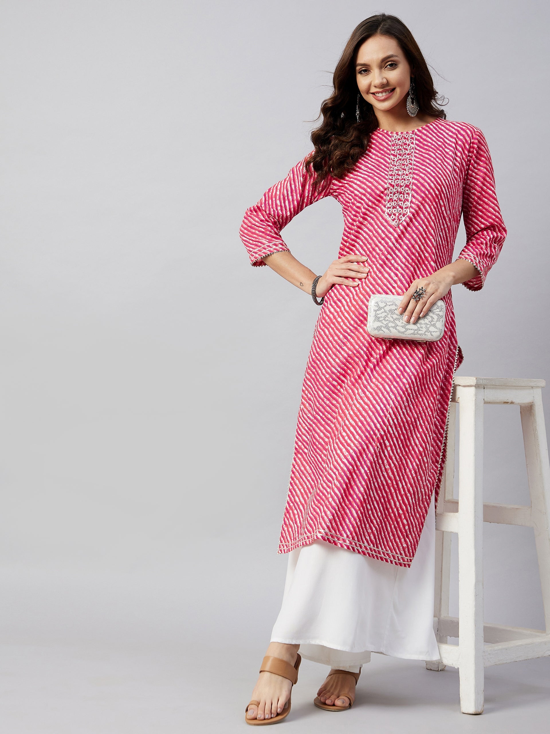 Red Lehriya Work Straight Kurta