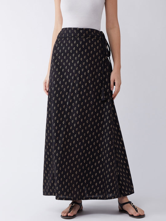 Black Gold Leaf Print Skirt