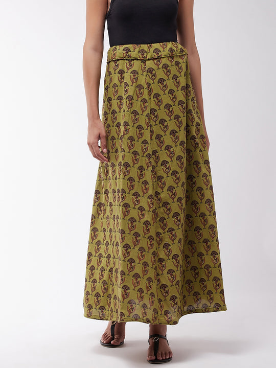 Olive Cotton Printed Skirt