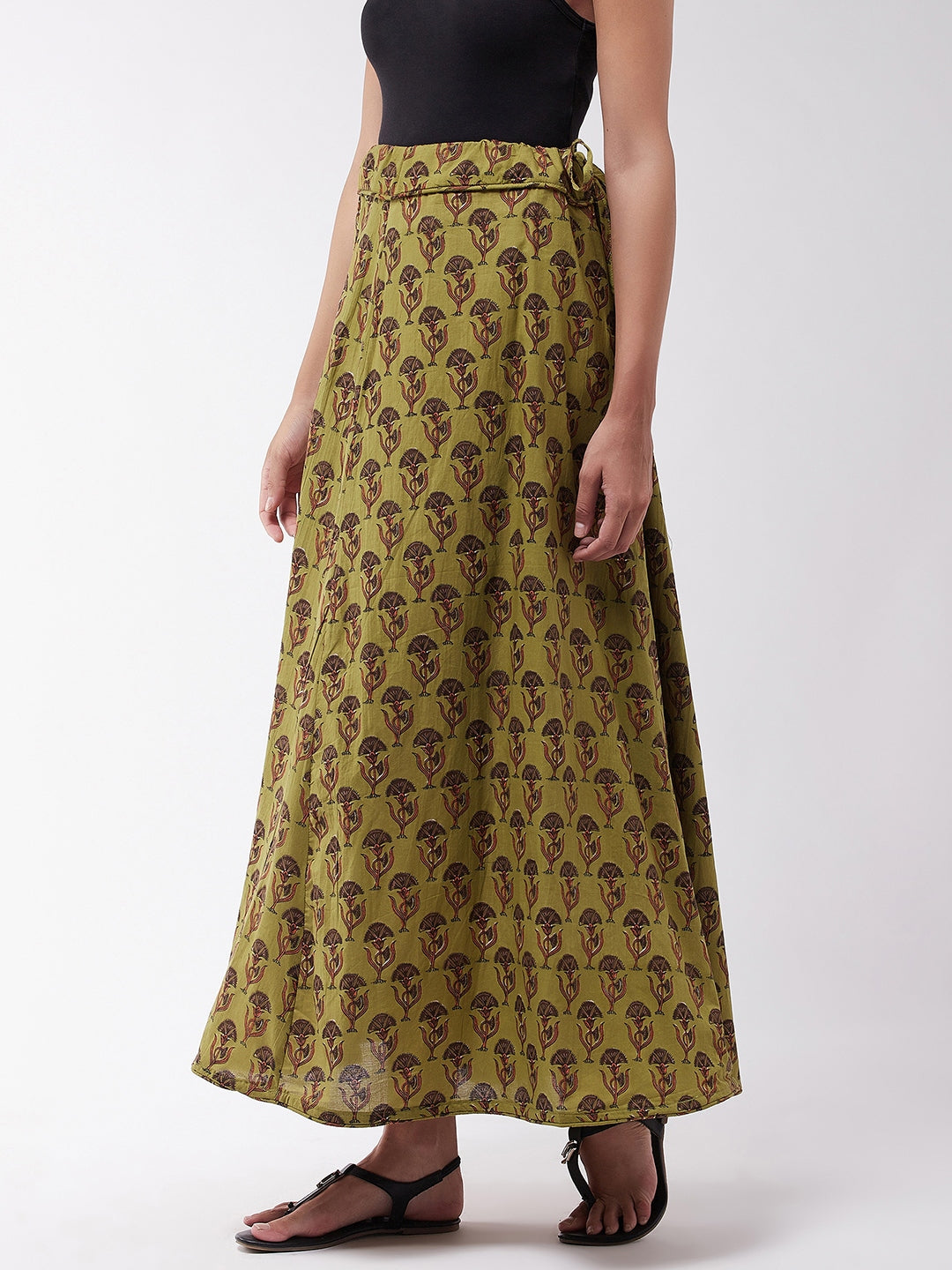 Olive Cotton Printed Skirt
