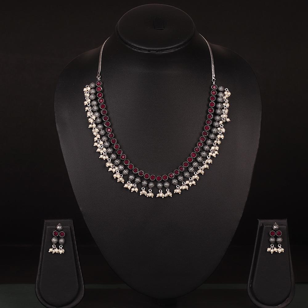Maroon Stonework Necklace Set In German Silver With Beads
