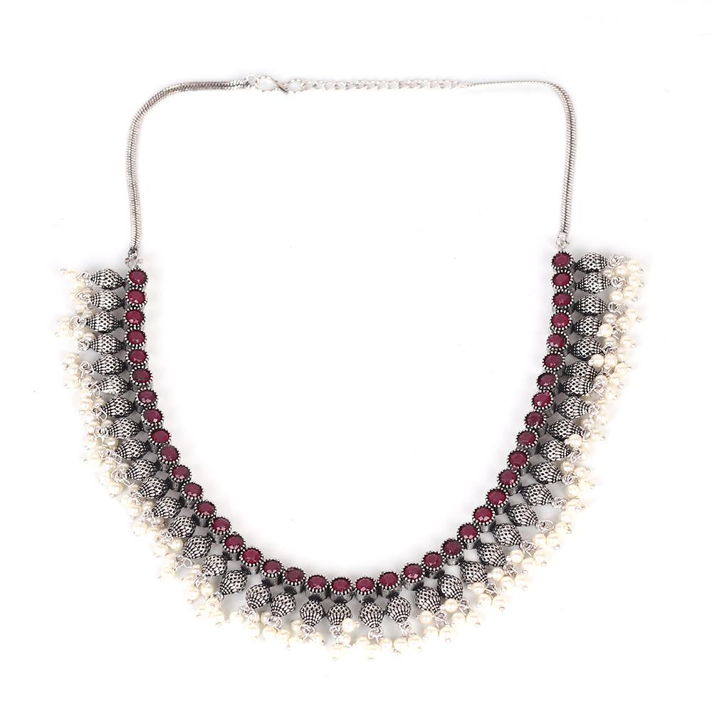 Maroon Stonework Necklace Set In German Silver With Beads