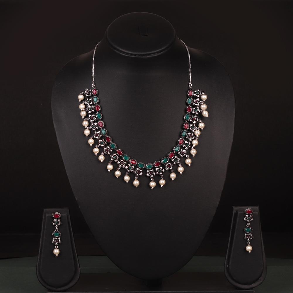 Intricate Stone Studded Oxidised Necklace Set In Red & Green