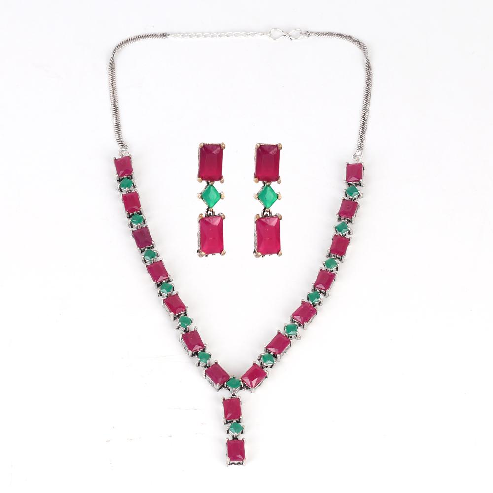 Oxidised Necklace Set In Red And Green
