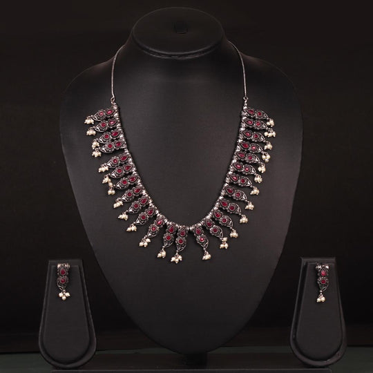 Maroon Studded German Silver Neckpiece Set