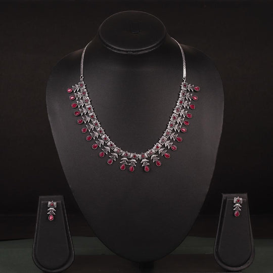 Deep Red Stone Studded Neckpiece Set In German Silver